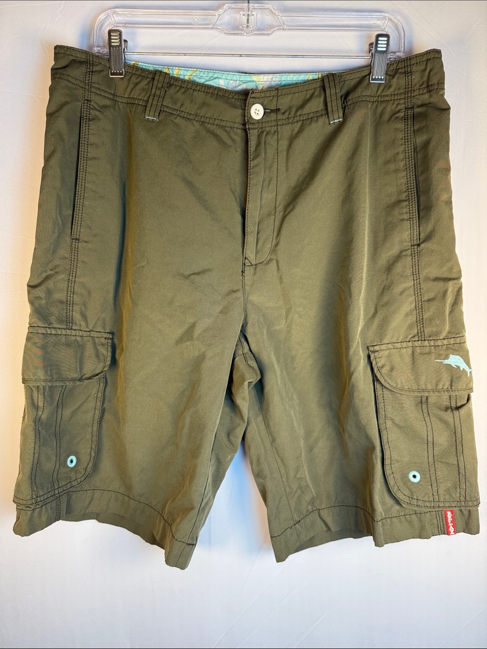 Tommy Bahama Olive Green Cargo Shorts with Aqua Contrast Accents